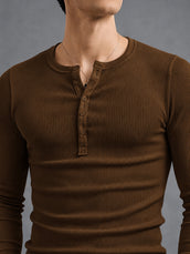 Brown Ribbed Henley Neck Full Sleeve T-Shirt