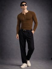 Brown Ribbed Henley Neck Full Sleeve T-Shirt