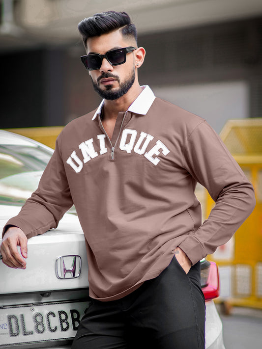 Half Zip Unique Dusty Pink Fullsleeve Polo Tshirt
