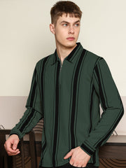 Cord Stripe Bottle Green Full Sleeve Polo T-Shirt