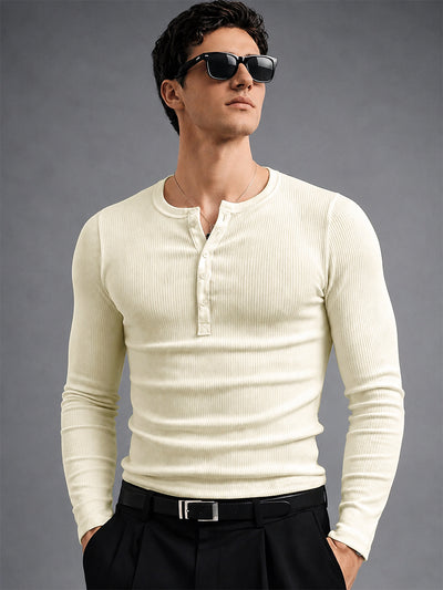 Cream Ribbed Henley Neck Full Sleeve T-Shirt
