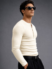 Cream Ribbed Henley Neck Full Sleeve T-Shirt