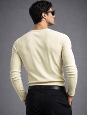Cream Ribbed Henley Neck Full Sleeve T-Shirt