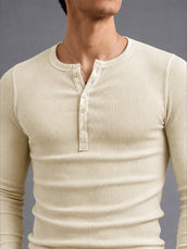 Cream Ribbed Henley Neck Full Sleeve T-Shirt