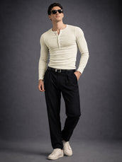 Cream Ribbed Henley Neck Full Sleeve T-Shirt