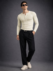 Cream Ribbed Henley Neck Full Sleeve T-Shirt