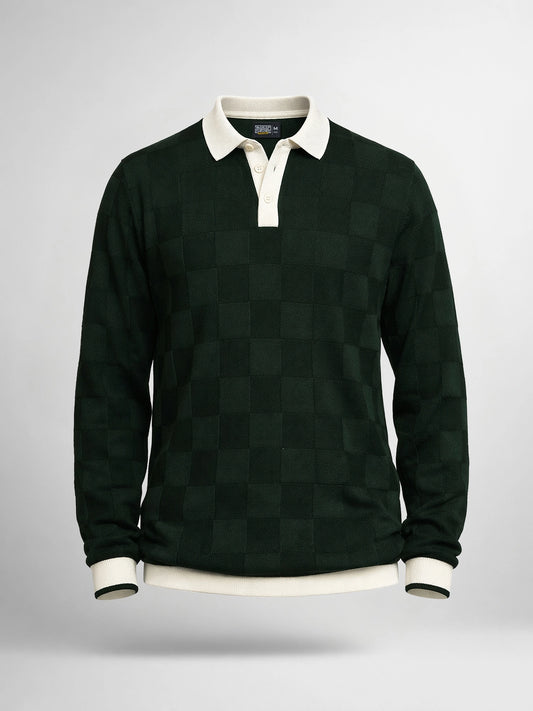 Cubic Knit Dark Green Full Sleeve Polo T-Shirt
