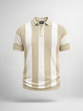 Vertical Stripe FlatKnit Cotton Beige Half Sleeve Polo T-Shirt