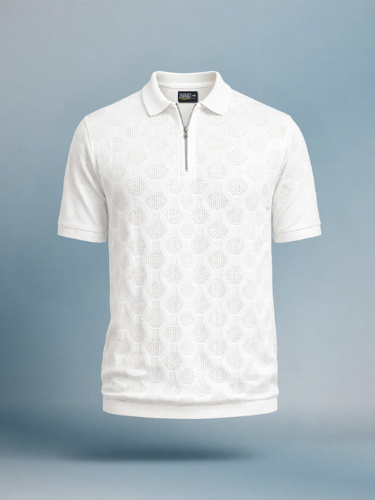 Diamond Knit White Slim Half Sleeve Polo T-Shirt