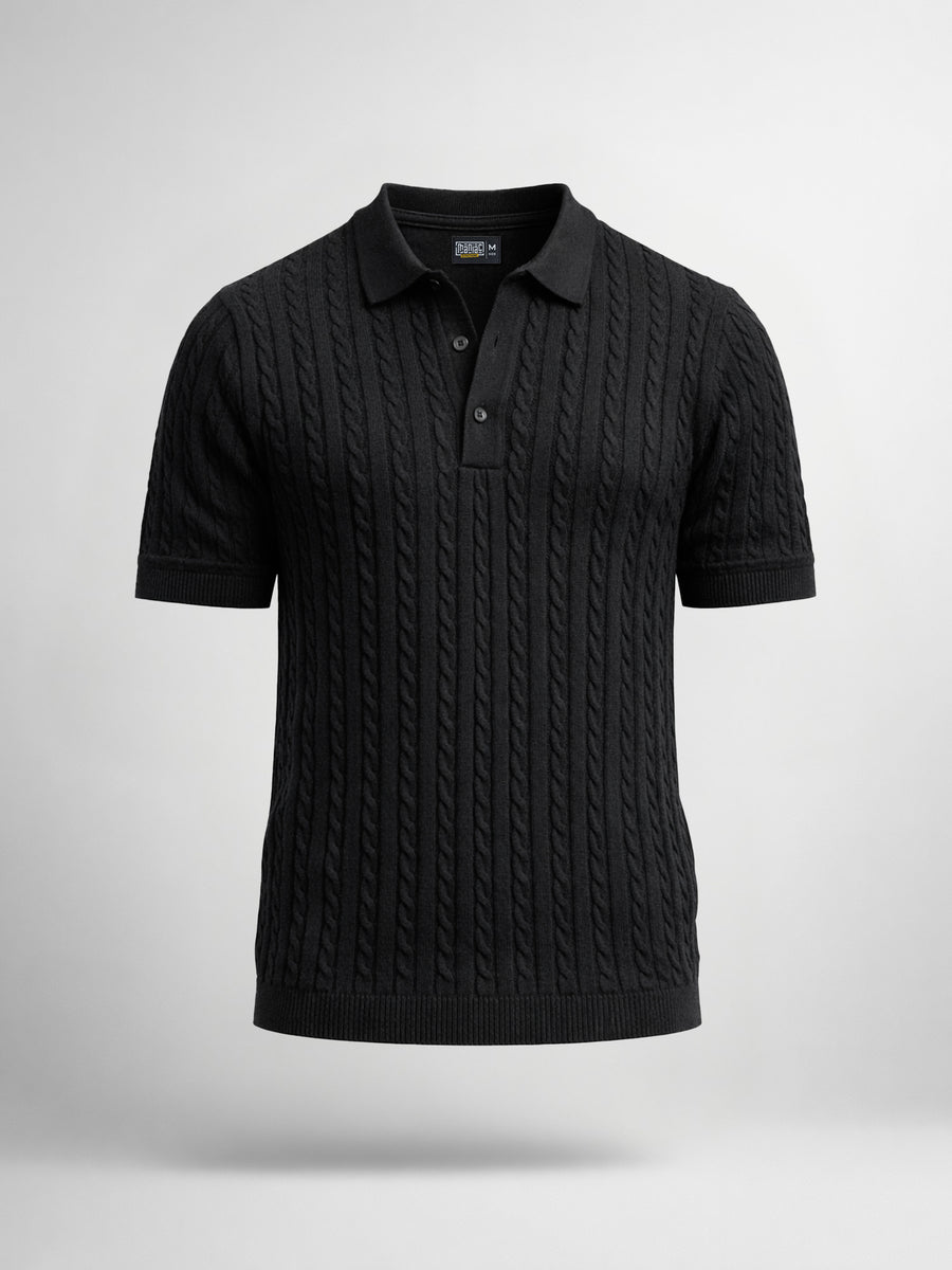 Black half sleeve ribbed knit polo t-shirt for men - view 7