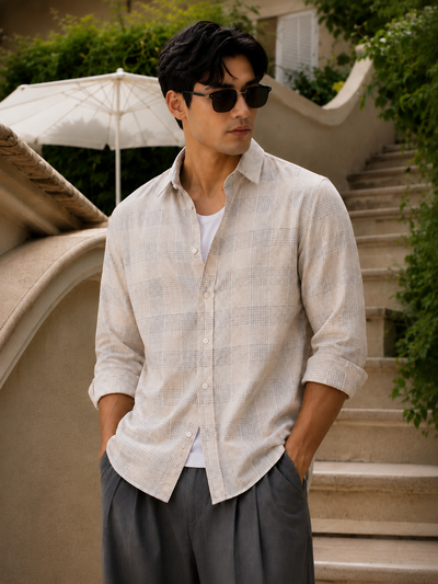 Beige Windowpane Check Shirt