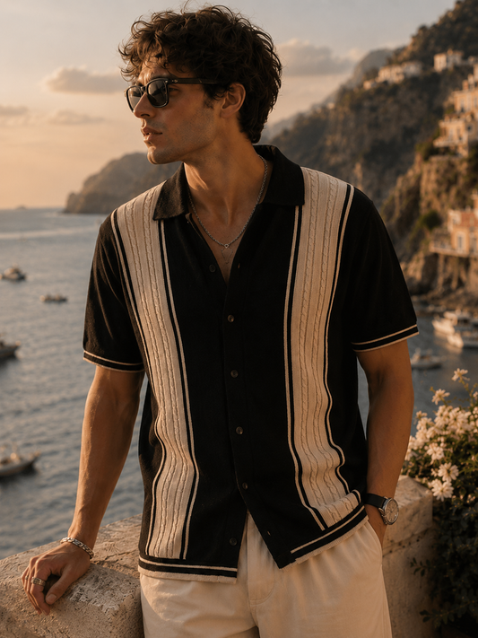 Black & Biscuit Proxy Cable Flat-Knit Half-Sleeve Polo Shirt