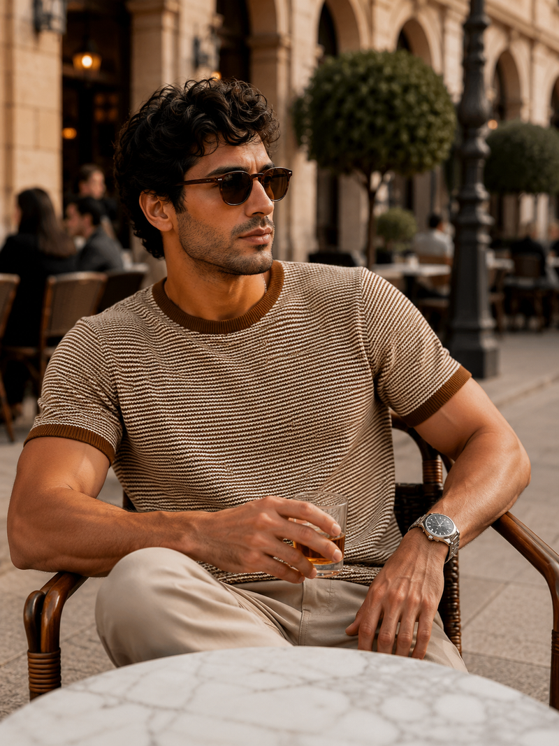 Brown Pixel Knit Flat-Knit Half-Sleeve T-Shirt
