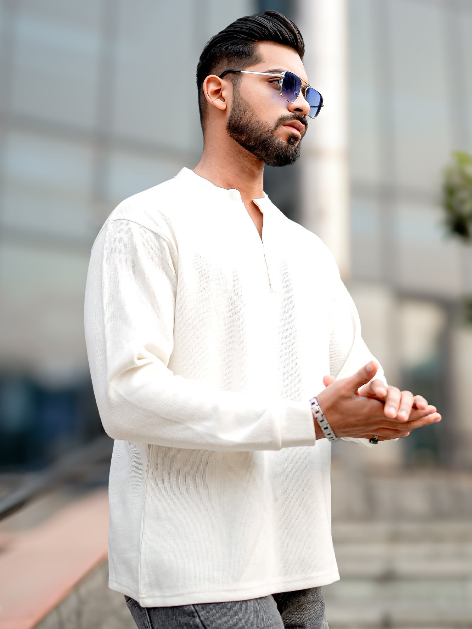 Coarse Knit Half White Henley Sweatshirt