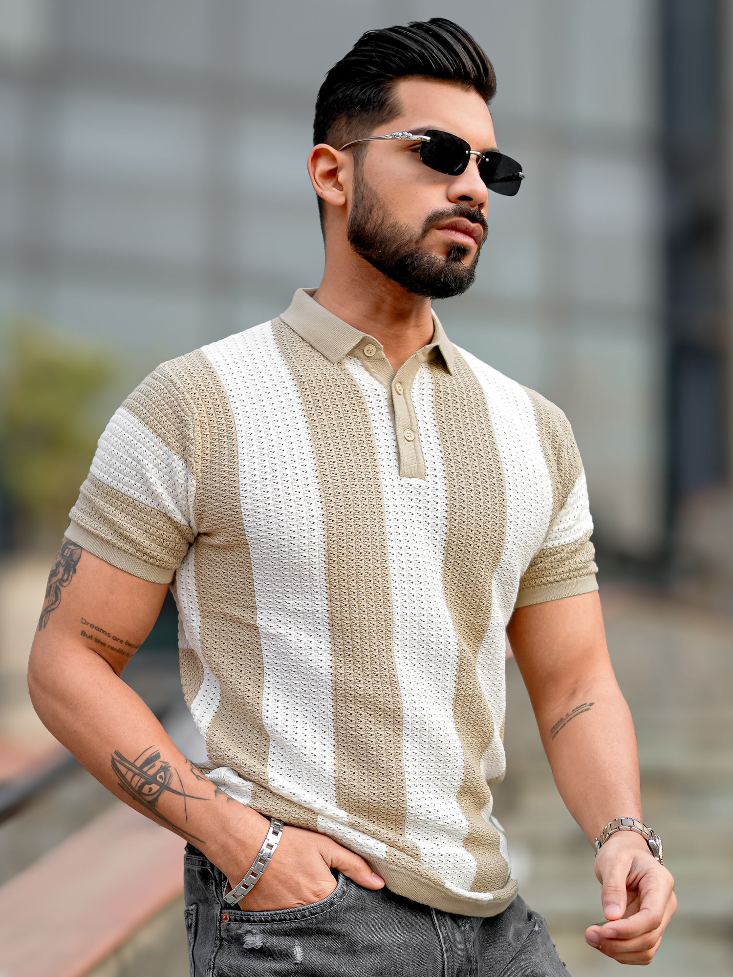 Vertical Stripe FlatKnit Cotton Beige Polo T-Shirt