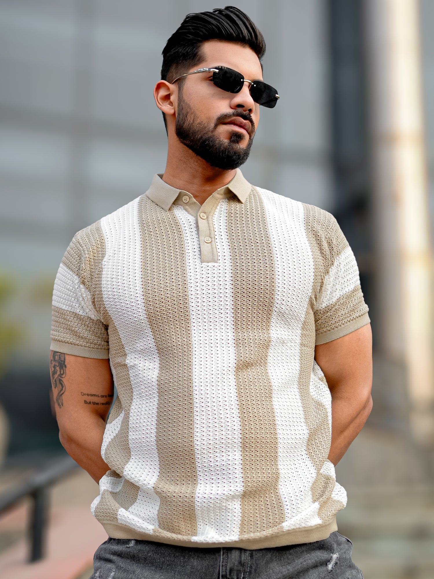 Vertical Stripe FlatKnit Cotton Beige Polo T-Shirt