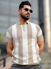 Vertical Stripe FlatKnit Cotton Beige Half Sleeve Polo T-Shirt