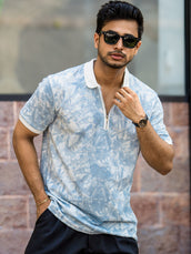 Blue half sleeve burnout spray polo t-shirt for men - view 4
