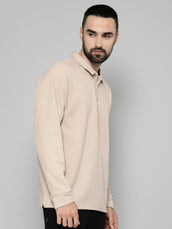Brooklyn Beige Solid Full Sleeve Polo T-Shirt