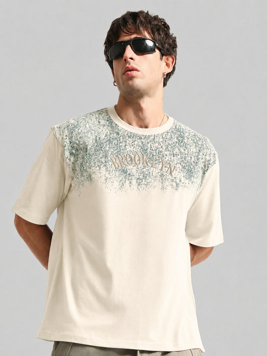 Brooklyn Embroidery Cream Half Sleeve T-Shirt
