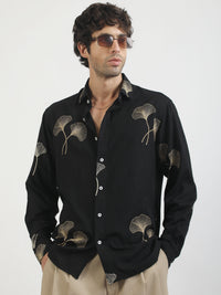 Biloba Leaf Embroidery Black Full Sleeve Shirt