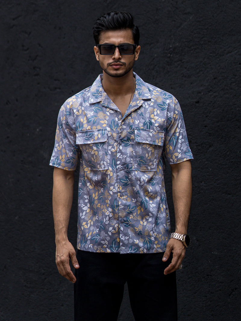 Double Pocket Multicolor Flower Printed Half Sleeve Shirt
