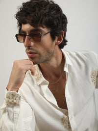 Blowball Flower Embroidery Cream Full Sleeve Shirt