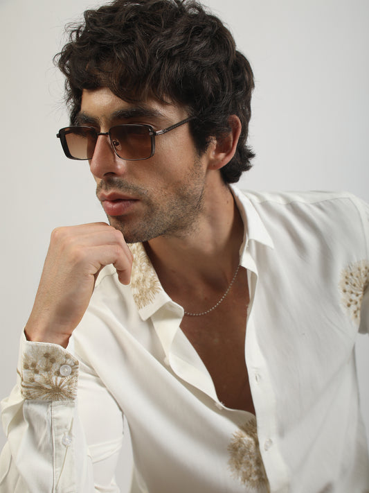 Blowball Flower Embroidery Cream Full Sleeve Shirt