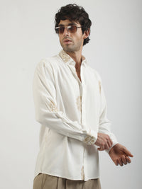 Blowball Flower Embroidery Cream Full Sleeve Shirt