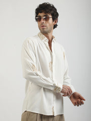 Blowball Flower Embroidery Cream Full Sleeve Shirt