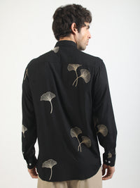 Biloba Leaf Embroidery Black Full Sleeve Shirt