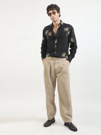 Biloba Leaf Embroidery Black Full Sleeve Shirt