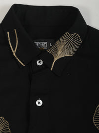 Biloba Leaf Embroidery Black Full Sleeve Shirt