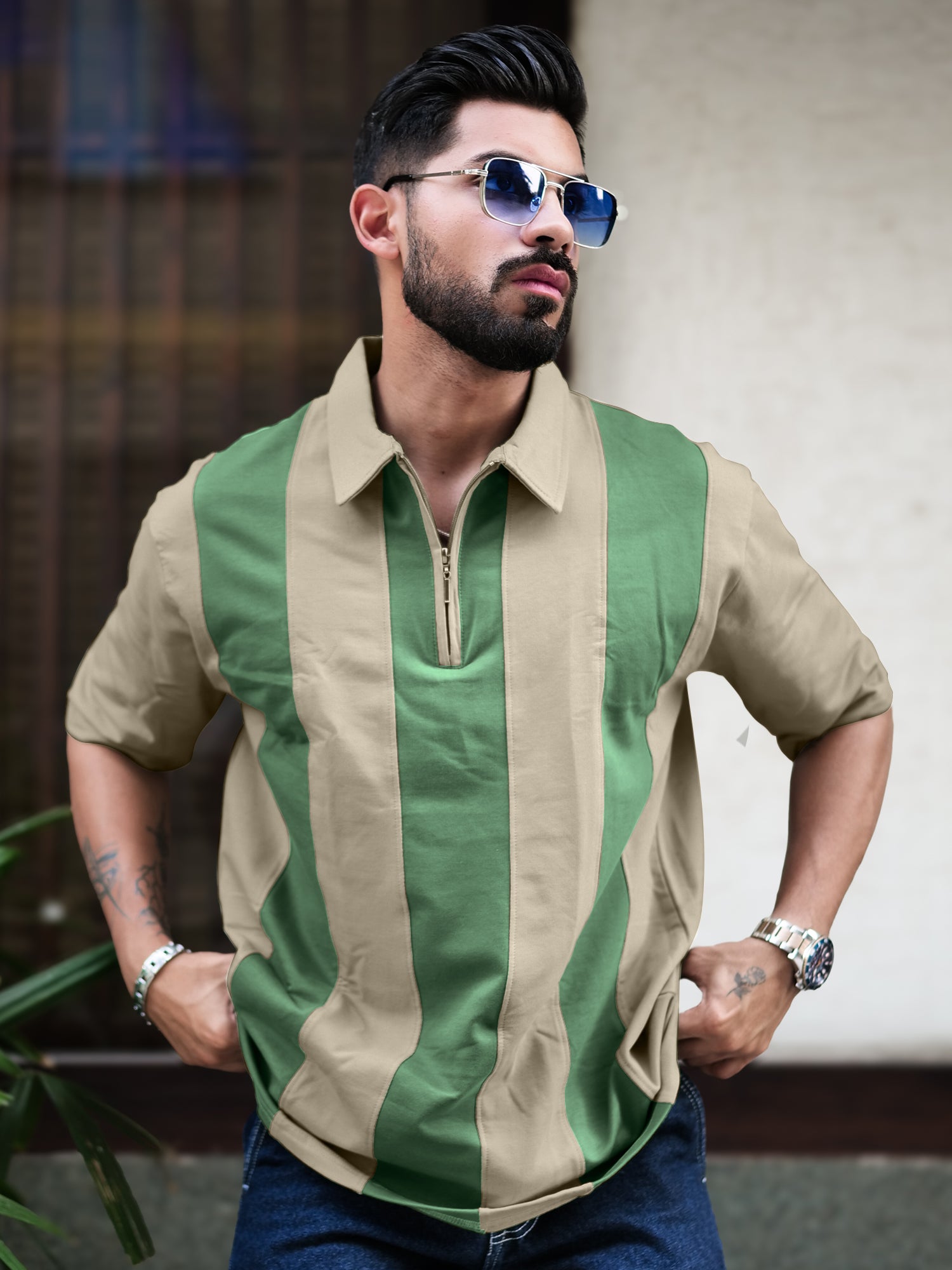 Bold Vertical Stripe Biscuit Polo Tshirt