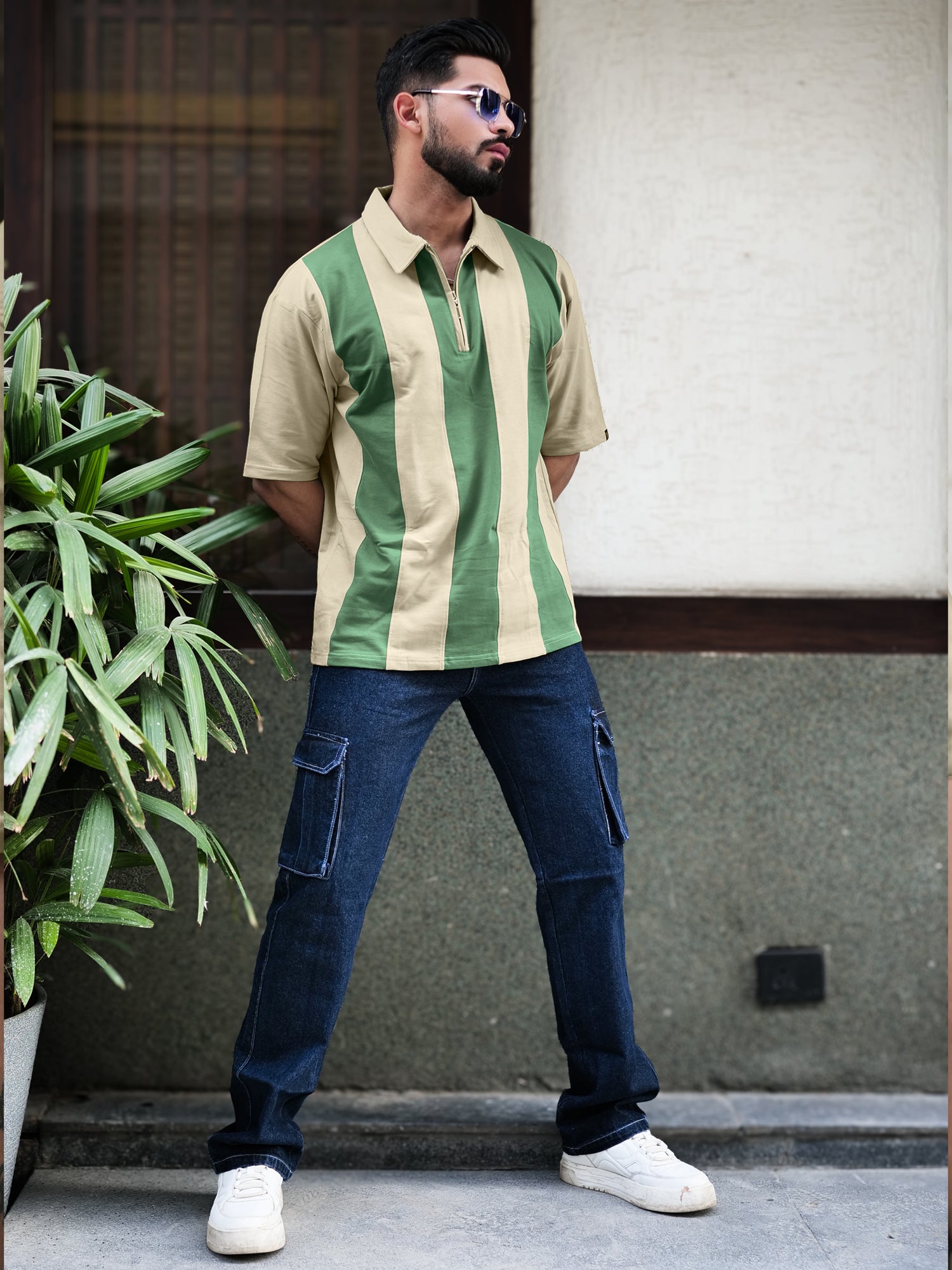 Bold Vertical Stripe Biscuit Polo Tshirt