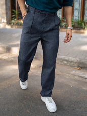 Single Pleat Navy Linen Blend Trouser