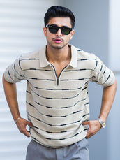 Beige half sleeve glitchline polo t-shirt for men - view 6