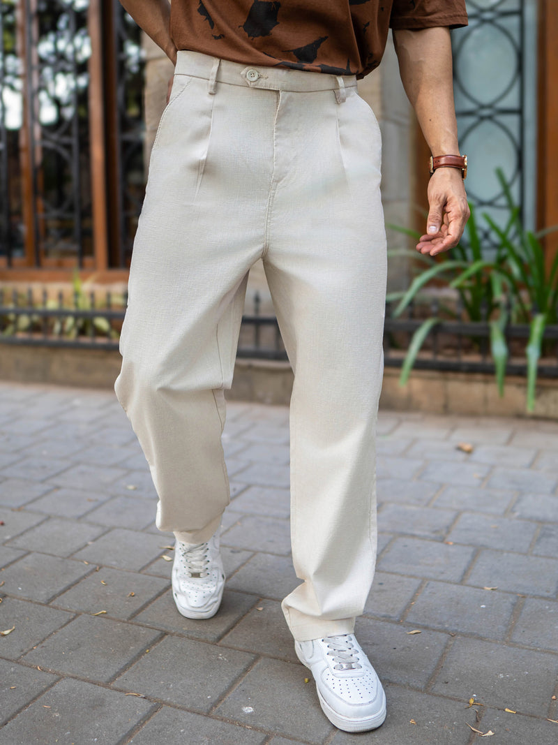 Single Pleat Khaki Linen Blend Trouser