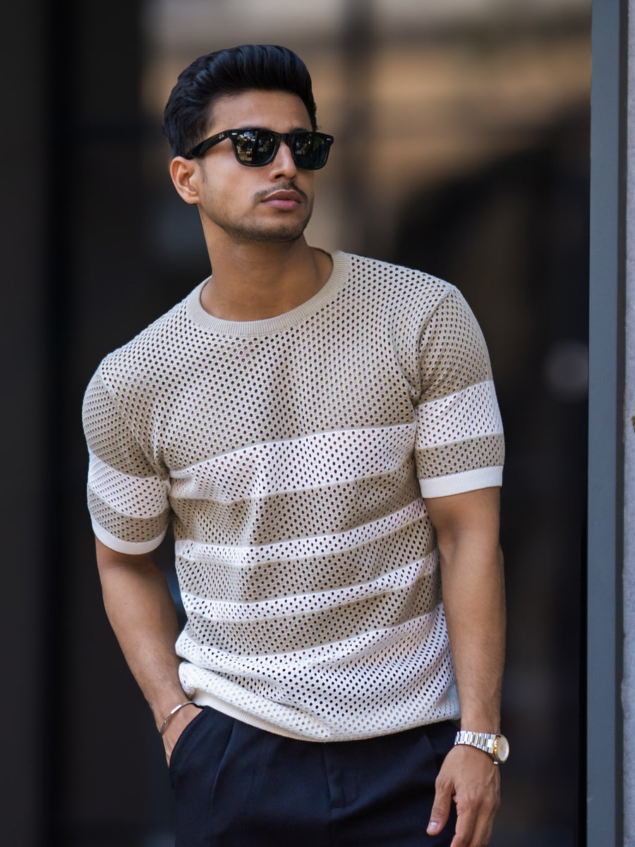 Resort Beige White Flatknit Half Sleeve T-Shirt