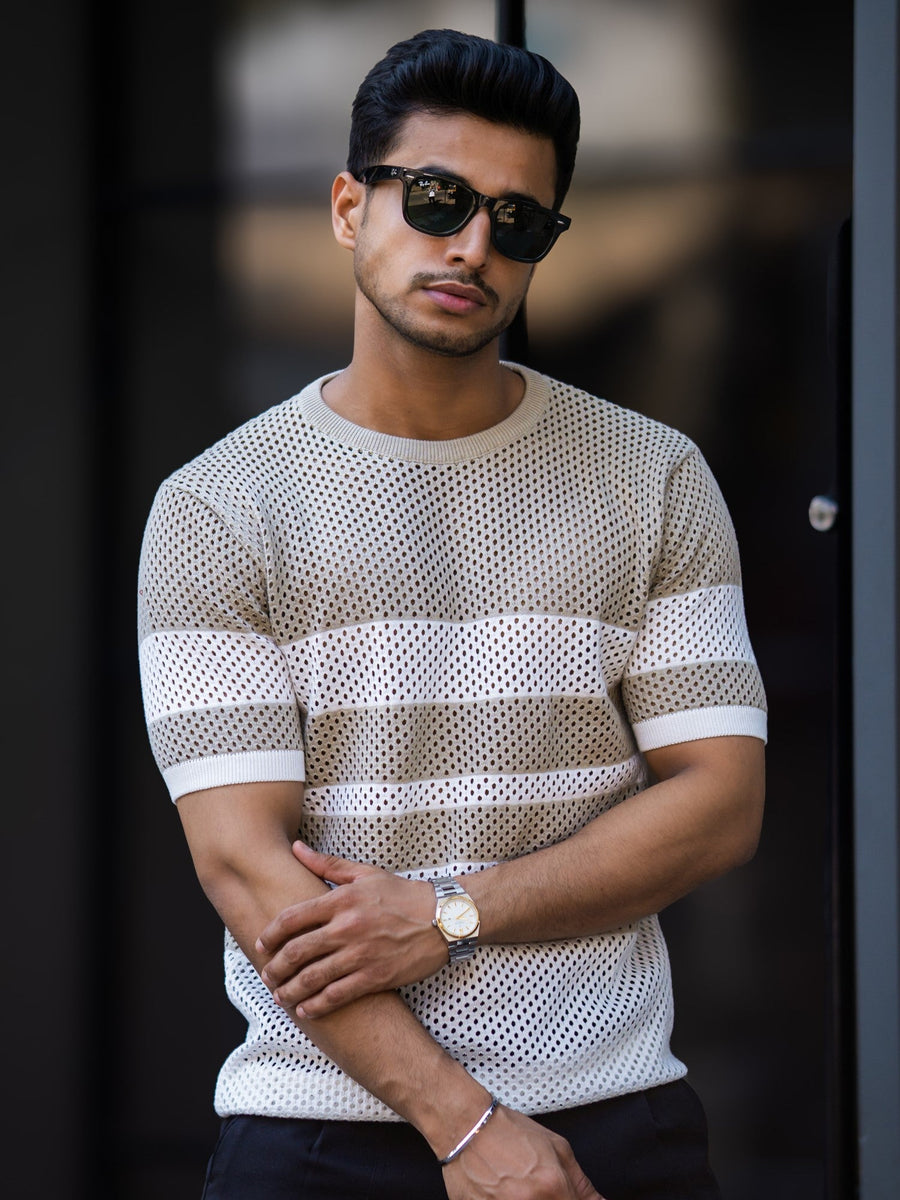 Resort Beige White Flatknit Half Sleeve T-Shirt