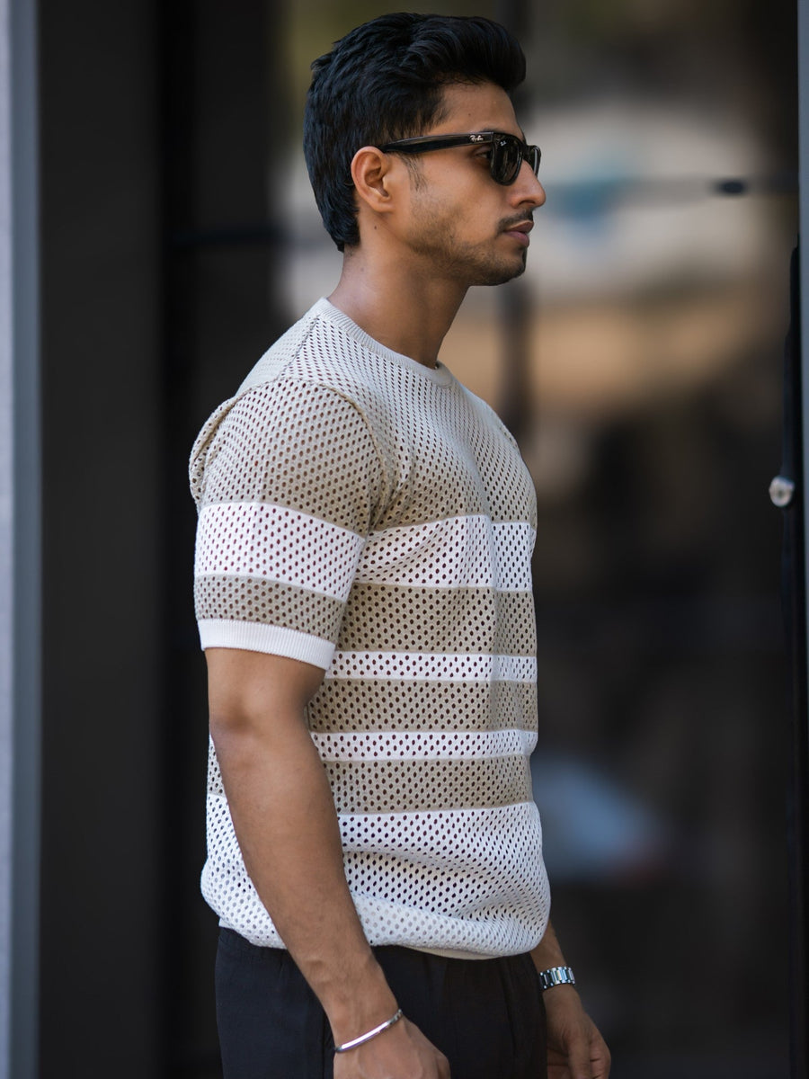 Resort Beige White Flatknit Half Sleeve T-Shirt