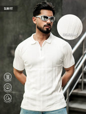 Half white half sleeve flex rib polo t-shirt for men