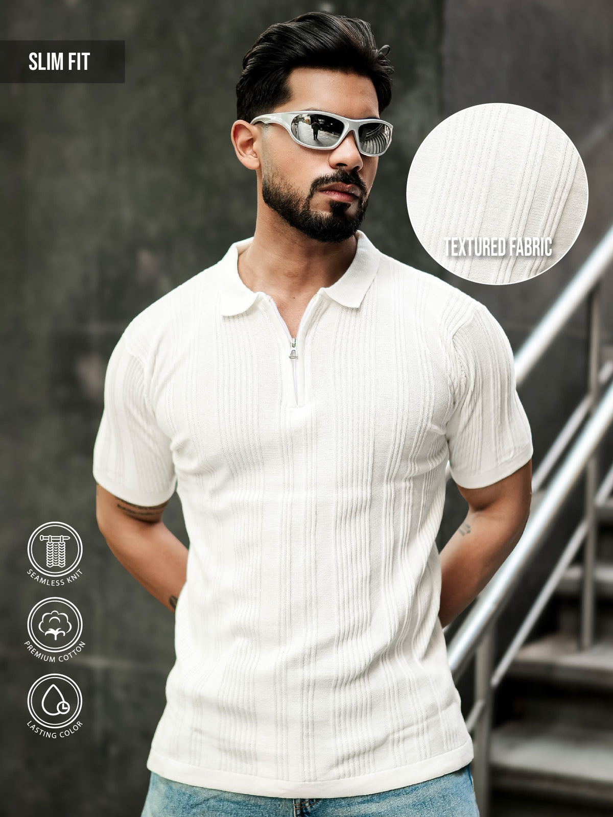 Flex Rib Half White Polo T-Shirt