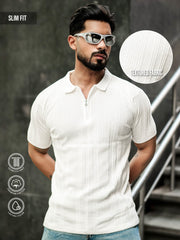 Flex Rib Half White Polo T-Shirt