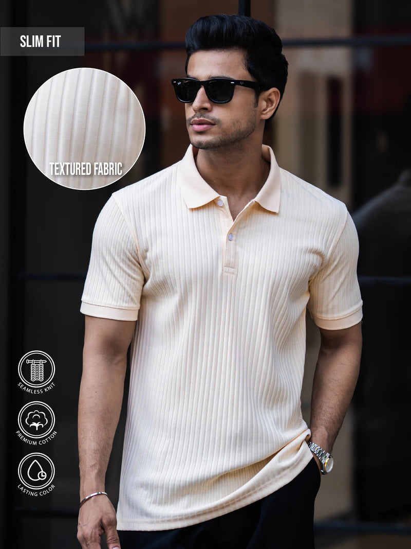 Cream half sleeve drop knit polo t-shirt for men