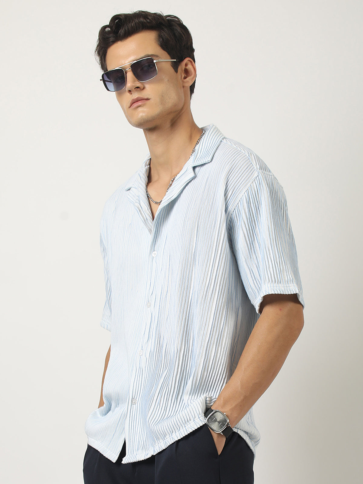 Sky blue half sleeve crochet skyblue shirt for men - view 5