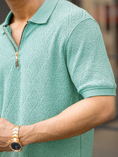 Croshia knit Berly Green Half Zip Half Sleeve Polo T-Shirt