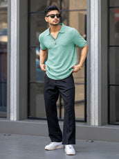 Croshia knit Berly Green Half Zip Half Sleeve Polo T-Shirt