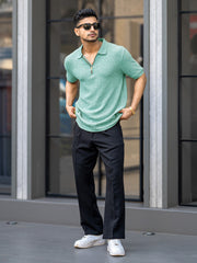 Croshia knit Beige Half Zip Polo T-Shirt