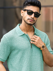 Croshia knit Berly Green Half Zip Half Sleeve Polo T-Shirt